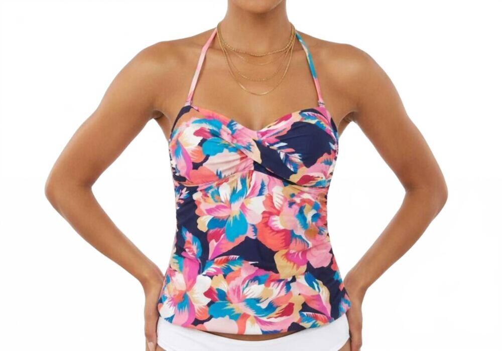 NEW LA BLANCA floral print tankini swim suit top in indigo multi